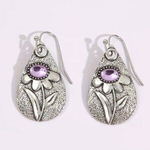 Cute Drop Faux Amethyst Sliver Tone Flower Earrings